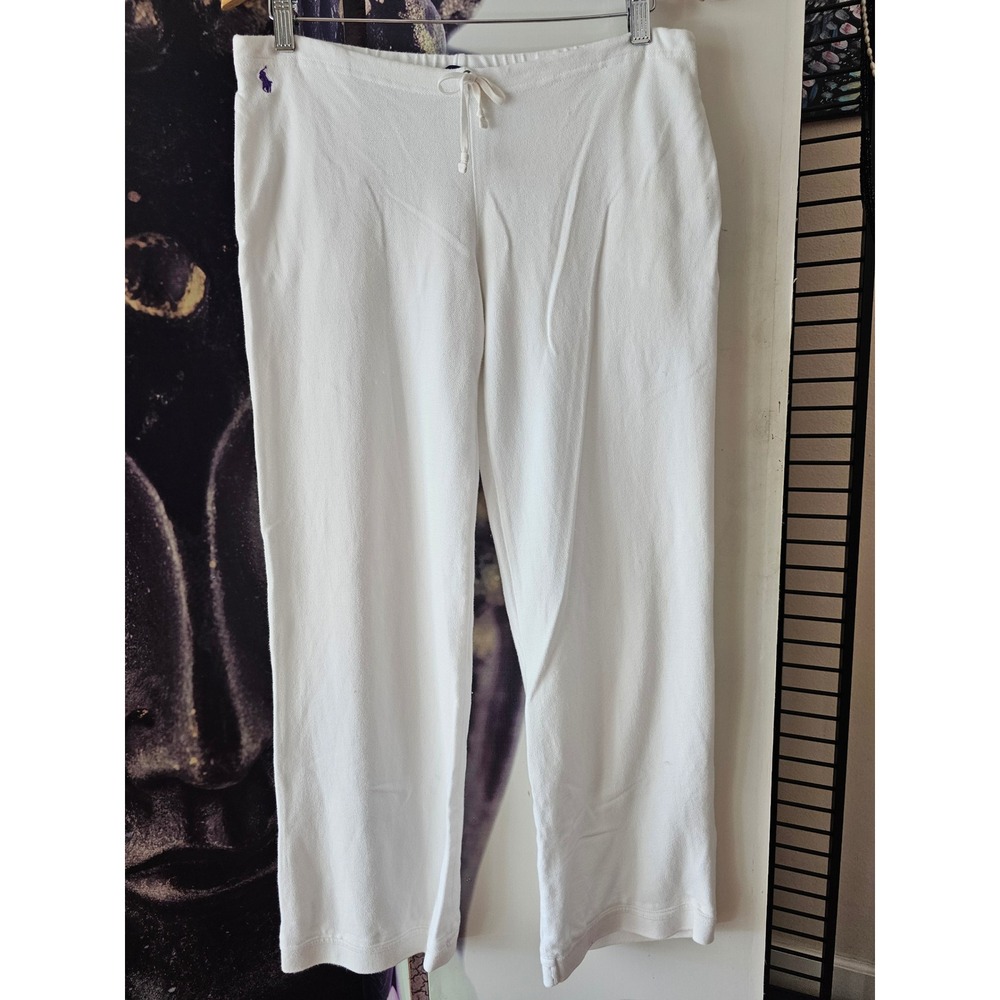 Ralph Lauren Womens White Cotton Pique Lounge Pants Purple Pony Size M